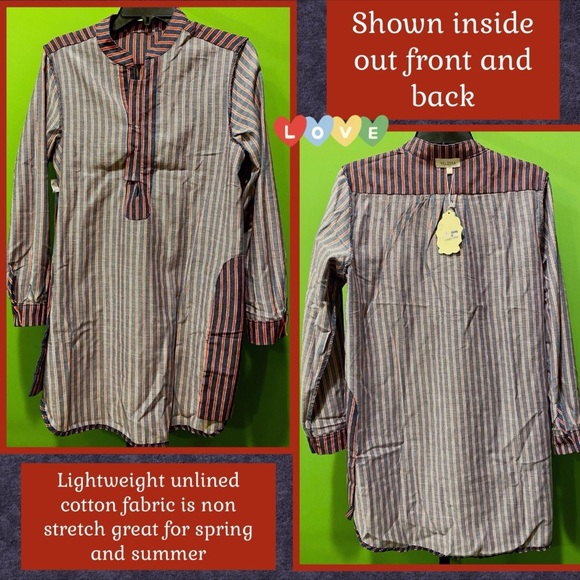 NWT S COTTON LONG LENGTH TUNIC RED WHITE BLUE STRIPE-VELZERA (missing 1 button) - Picture 7 of 12